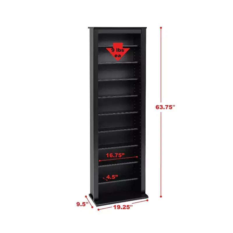 Prepac Slim Barrister Tower Black: Mid-Century Modern Media Storage Cabinet, Adjustable Shelves, Holds 391 CDs