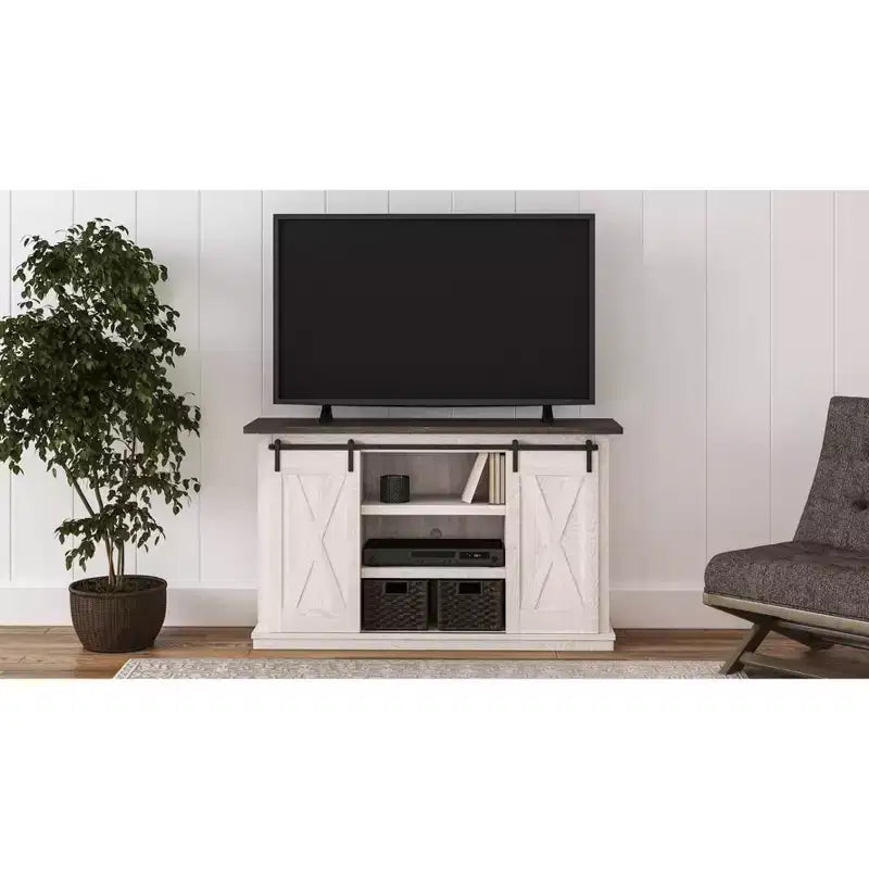 Signature Design by Ashley Dorrinson Medium TV Stand for TVs up to 63" Two-Tone: Farmhouse Media Console with Adjustable Shelves