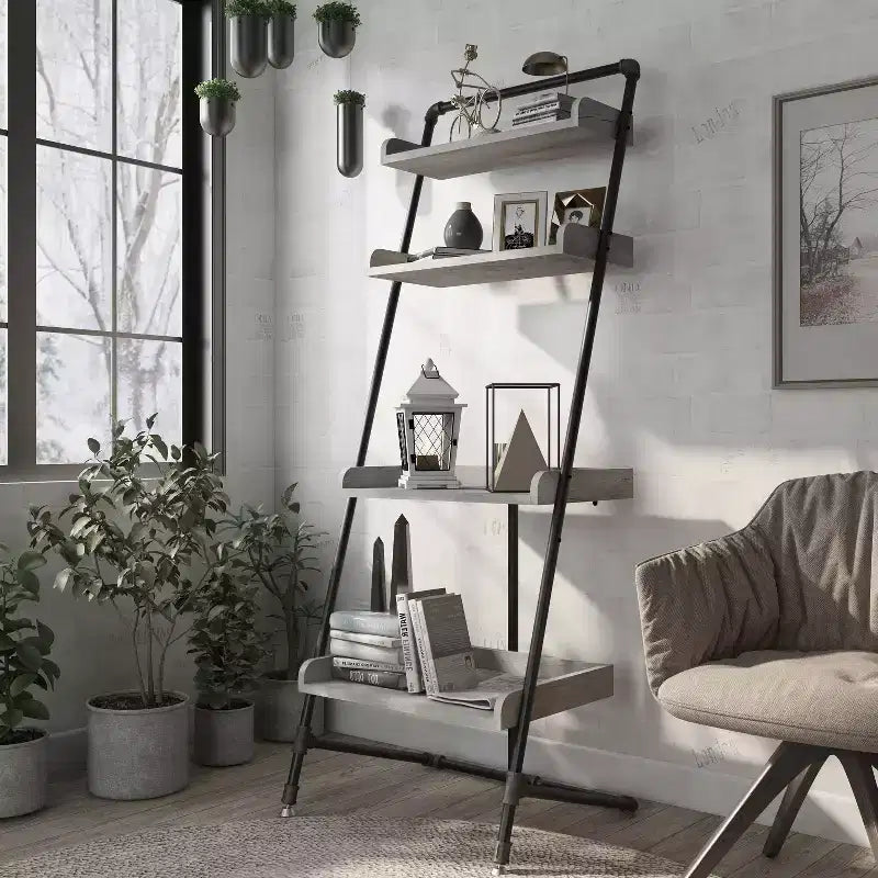 HOMES: Inside + Out 70.86" Humbolt Ladder Display Shelf Vintage Gray Oak: Industrial Style, 4-Tier Storage