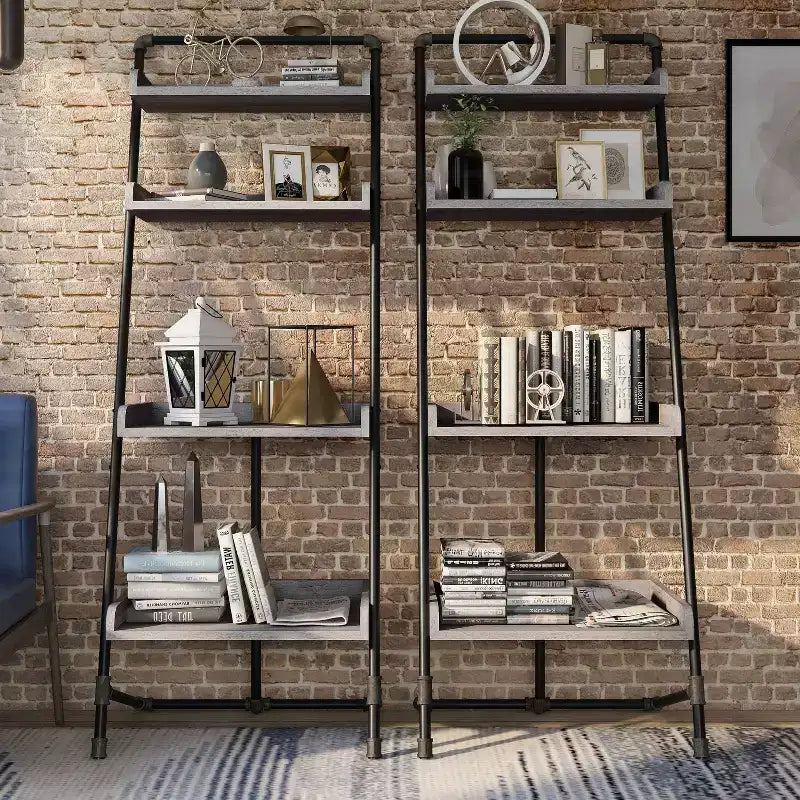 HOMES: Inside + Out 70.86" Humbolt Ladder Display Shelf Vintage Gray Oak: Industrial Style, 4-Tier Storage