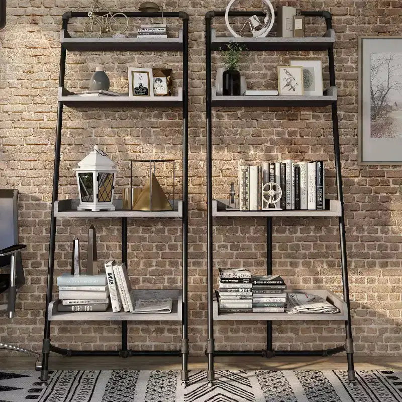 HOMES: Inside + Out 70.86" Humbolt Ladder Display Shelf Vintage Gray Oak: Industrial Style, 4-Tier Storage
