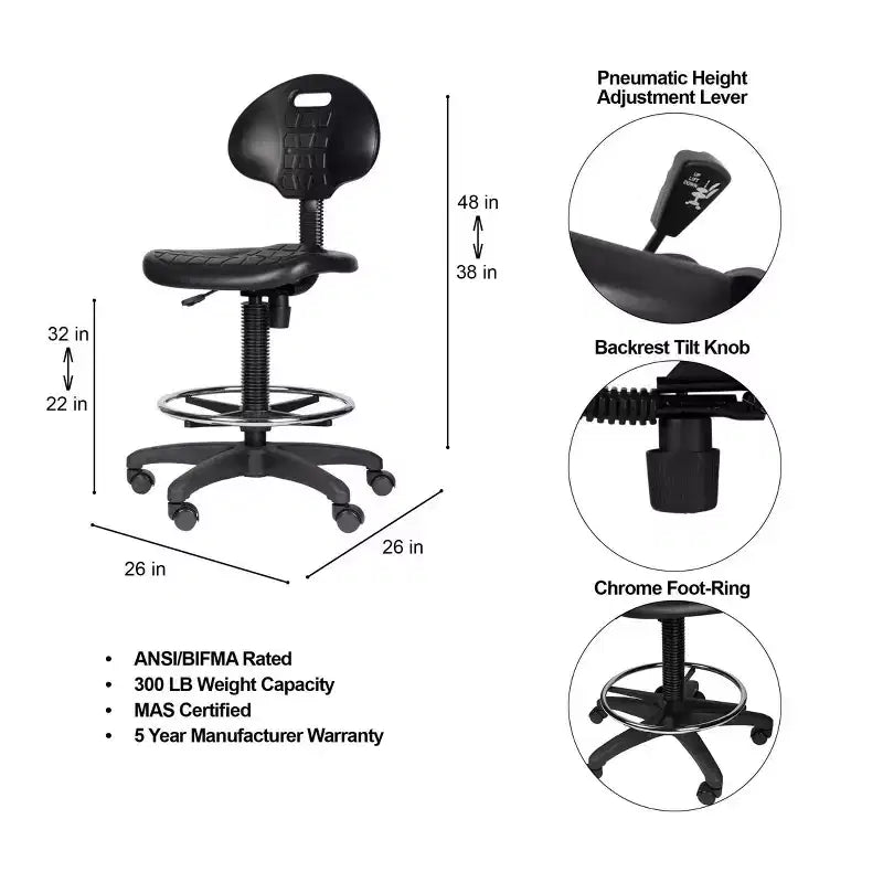 22"-32" Adjustable Height Polyurethane Task Chair: Swivel, Lumbar Support, Wheels - Hampden Furnishings