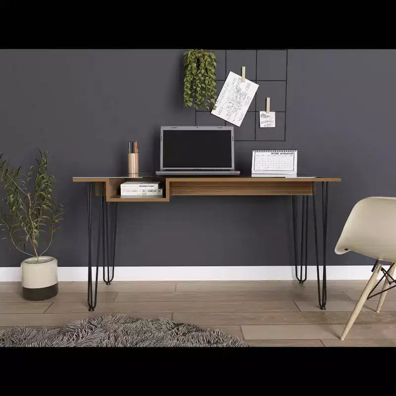 Manila Computer Desk Brown - Boahaus: Ergonomic 55" Wide, Glass Top, Metal Legs, Shelf