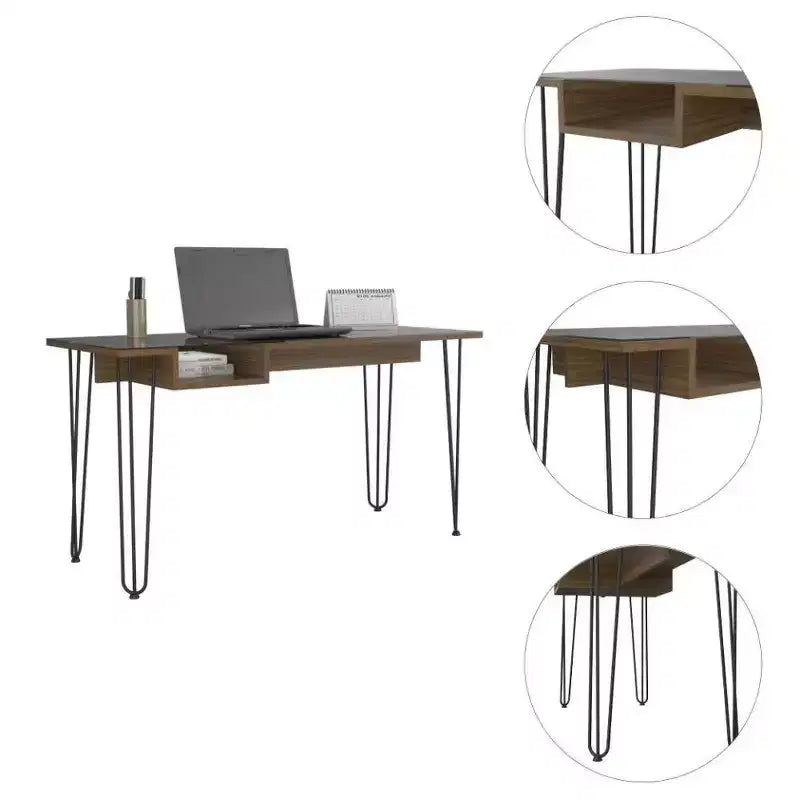 Manila Computer Desk Brown - Boahaus: Ergonomic 55" Wide, Glass Top, Metal Legs, Shelf