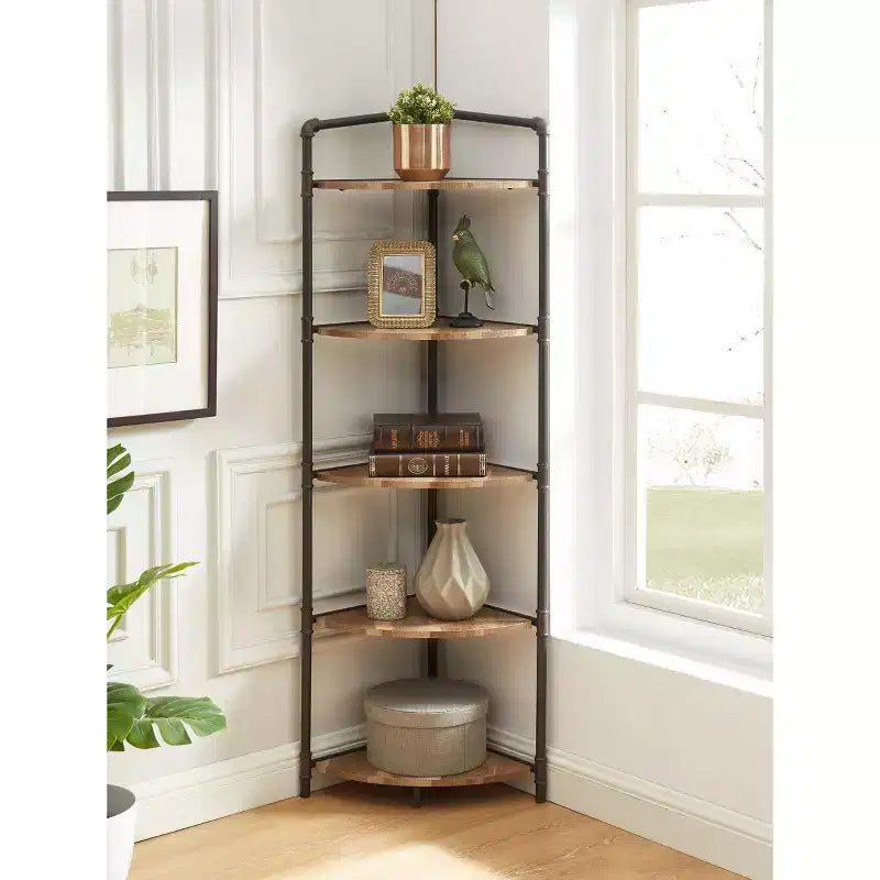 24/7 Shop At Home 63.75" Beeme 5 Tier Corner Bookshelf Sand Black/Light Pure Copper: Industrial Style MDF Storage
