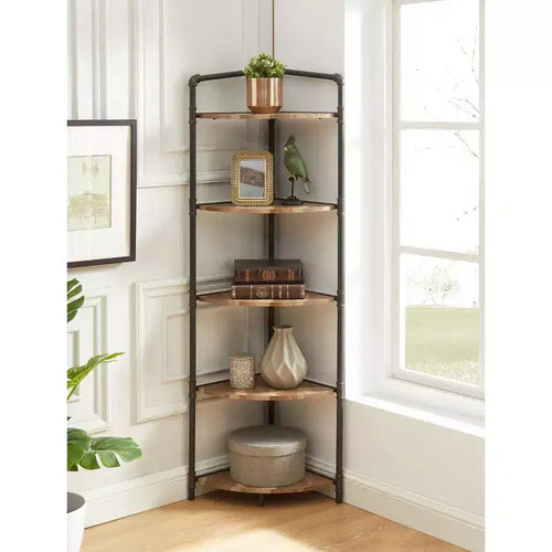 24/7 Shop At Home 63.75" Beeme 5 Tier Corner Bookshelf Sand Black/Light Pure Copper: Industrial Style MDF Storage