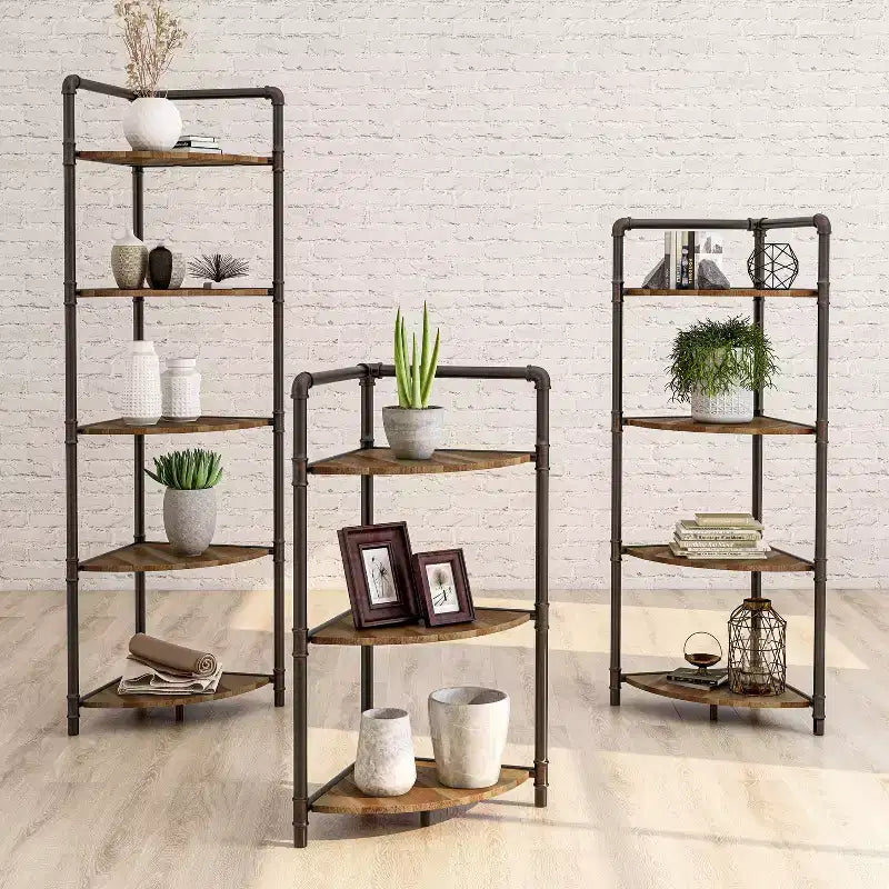 24/7 Shop At Home 63.75" Beeme 5 Tier Corner Bookshelf Sand Black/Light Pure Copper: Industrial Style MDF Storage