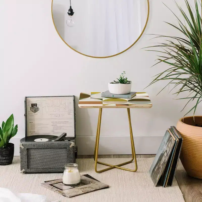 The Old Art Studio Mid Century Side Table White/Gold - Deny Designs: Baltic Birch, Steel Legs, Matte Finish
