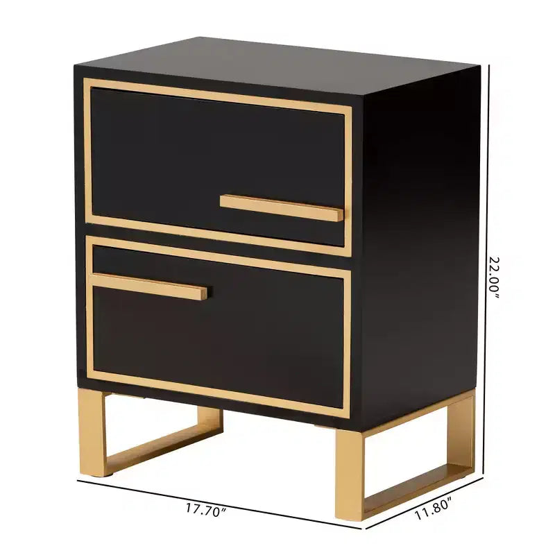 Giolla Wood and Metal 2 Drawer End Table Black/Gold - Baxton Studio: Sleek Side Table with Storage, Modern Design