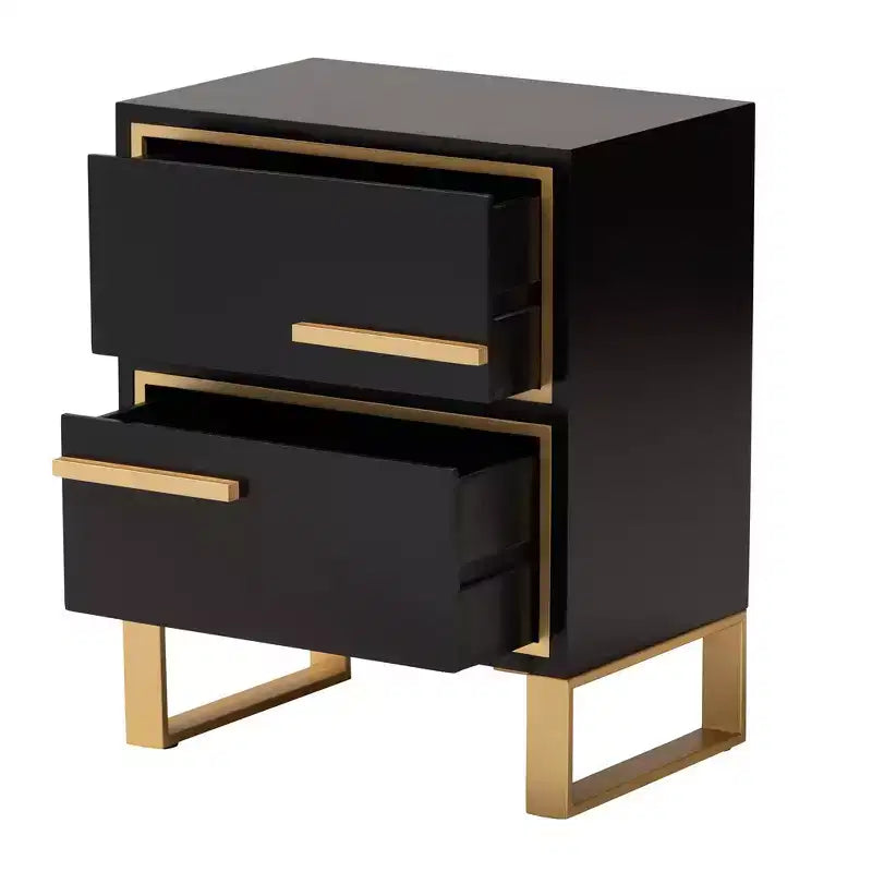 Giolla Wood and Metal 2 Drawer End Table Black/Gold - Baxton Studio: Sleek Side Table with Storage, Modern Design