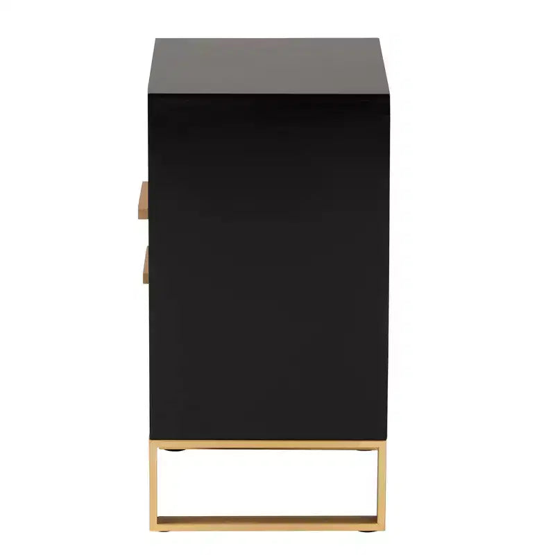 Giolla Wood and Metal 2 Drawer End Table Black/Gold - Baxton Studio: Sleek Side Table with Storage, Modern Design