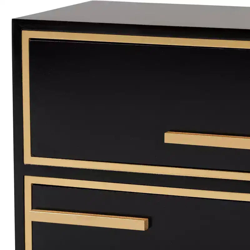 Giolla Wood and Metal 2 Drawer End Table Black/Gold - Baxton Studio: Sleek Side Table with Storage, Modern Design