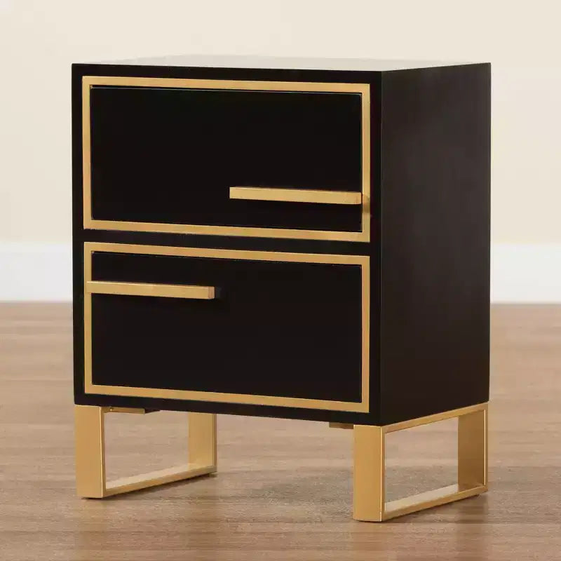 Giolla Wood and Metal 2 Drawer End Table Black/Gold - Baxton Studio: Sleek Side Table with Storage, Modern Design