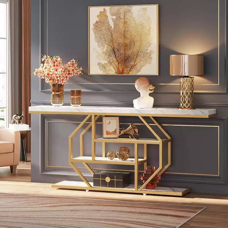 LITTLE TREE 70.9" Long 4 Tier Entryway Console Table with Storage Shelf White/Gold