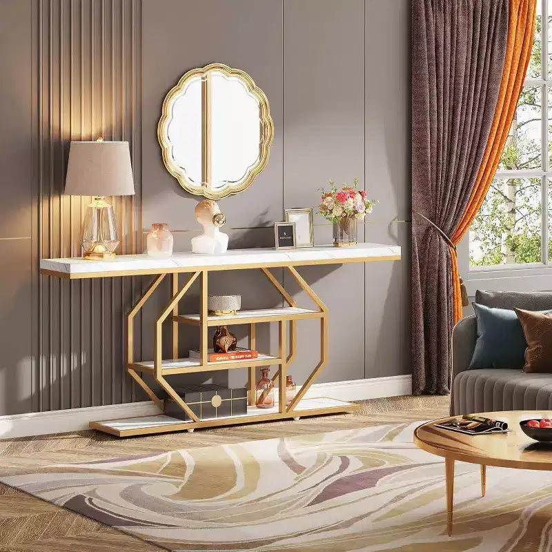 LITTLE TREE 70.9" Long 4 Tier Entryway Console Table with Storage Shelf White/Gold