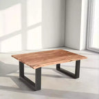 The Urban Port 45" Acacia Wood Rectangular Coffee Table Live Edge Details Black Powder Coated Metal Base Natural Brown
