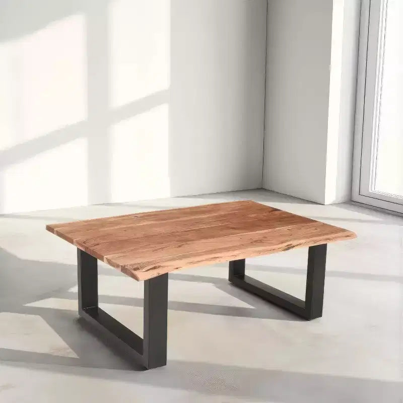 The Urban Port 45" Acacia Wood Rectangular Coffee Table Live Edge Details Black Powder Coated Metal Base Natural Brown