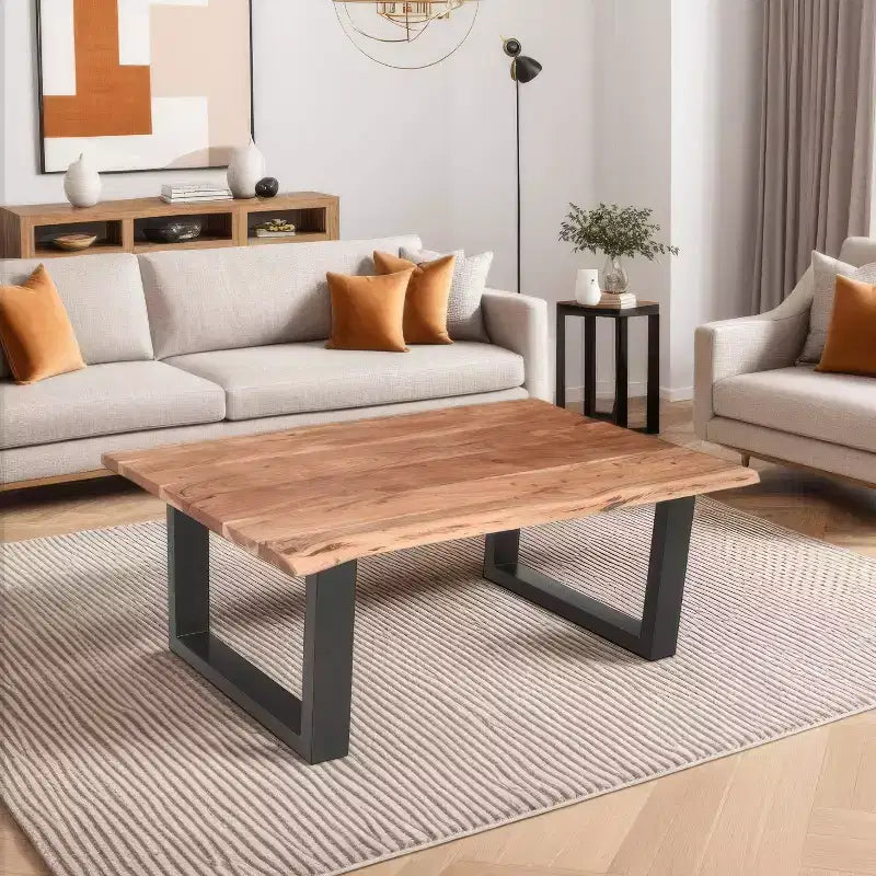 The Urban Port 45" Acacia Wood Rectangular Coffee Table Live Edge Details Black Powder Coated Metal Base Natural Brown