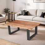 The Urban Port 45" Acacia Wood Rectangular Coffee Table Live Edge Details Black Powder Coated Metal Base Natural Brown