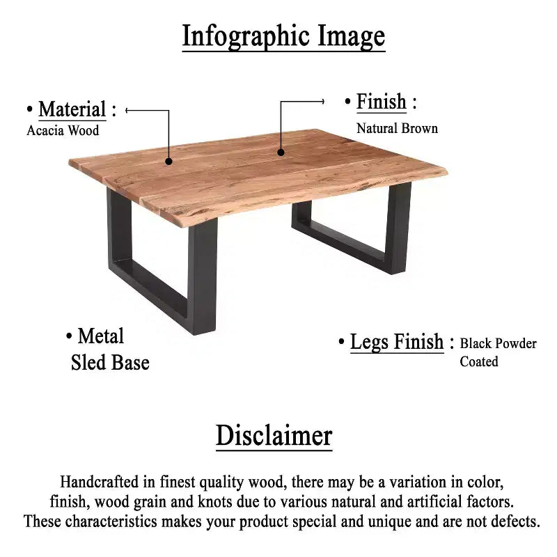 The Urban Port 45" Acacia Wood Rectangular Coffee Table Live Edge Details Black Powder Coated Metal Base Natural Brown