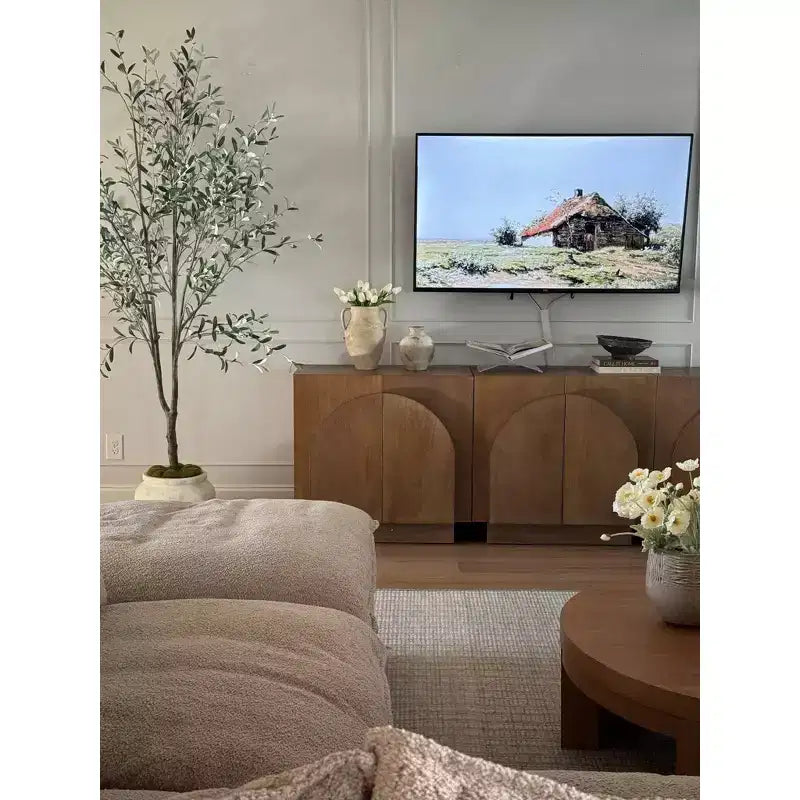 Nathan James Iris Mid-Century Arched Storage Cabinet Natural Brushed Light Brown: Veneer Surface, Fixed Shelf, Wood Frame