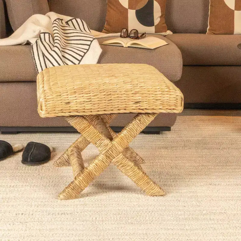 Storied Home Woven Water Hyacinth and Wood Accent Table Brown: Mahogany Frame, No Assembly Required