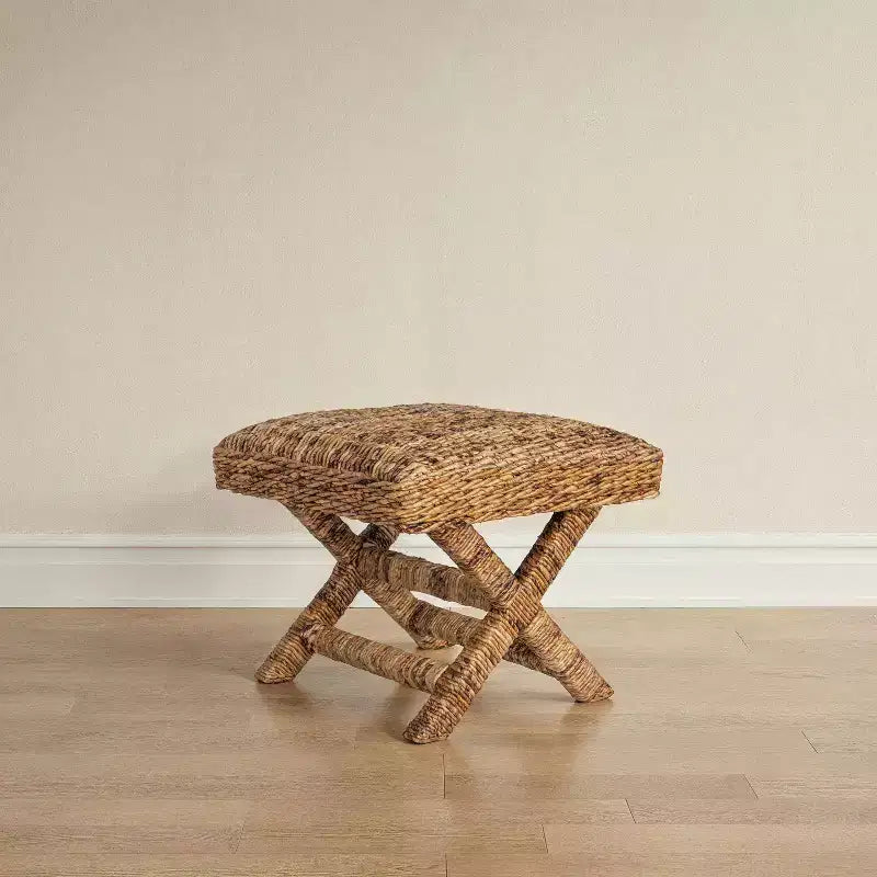 Storied Home Woven Water Hyacinth and Wood Accent Table Brown: Mahogany Frame, No Assembly Required