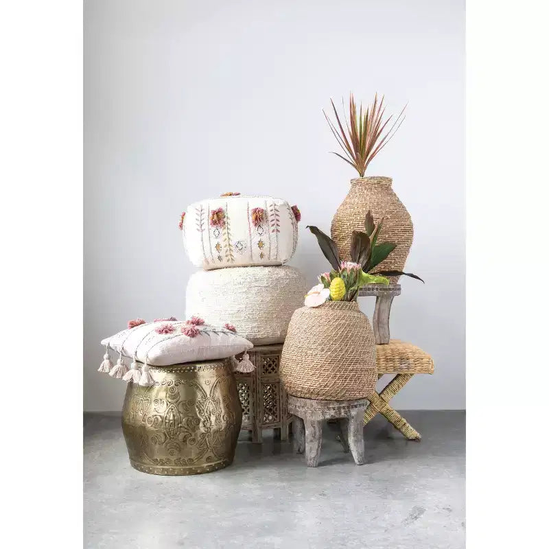 Storied Home Woven Water Hyacinth and Wood Accent Table Brown: Mahogany Frame, No Assembly Required