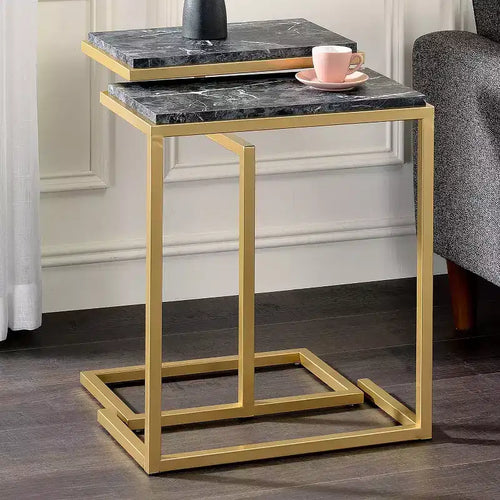 24/7 Shop At Home Kircubbin Nesting Table with Faux Marble Top Gold/Black: Rectangle, Glossy Finish, Metal Frame