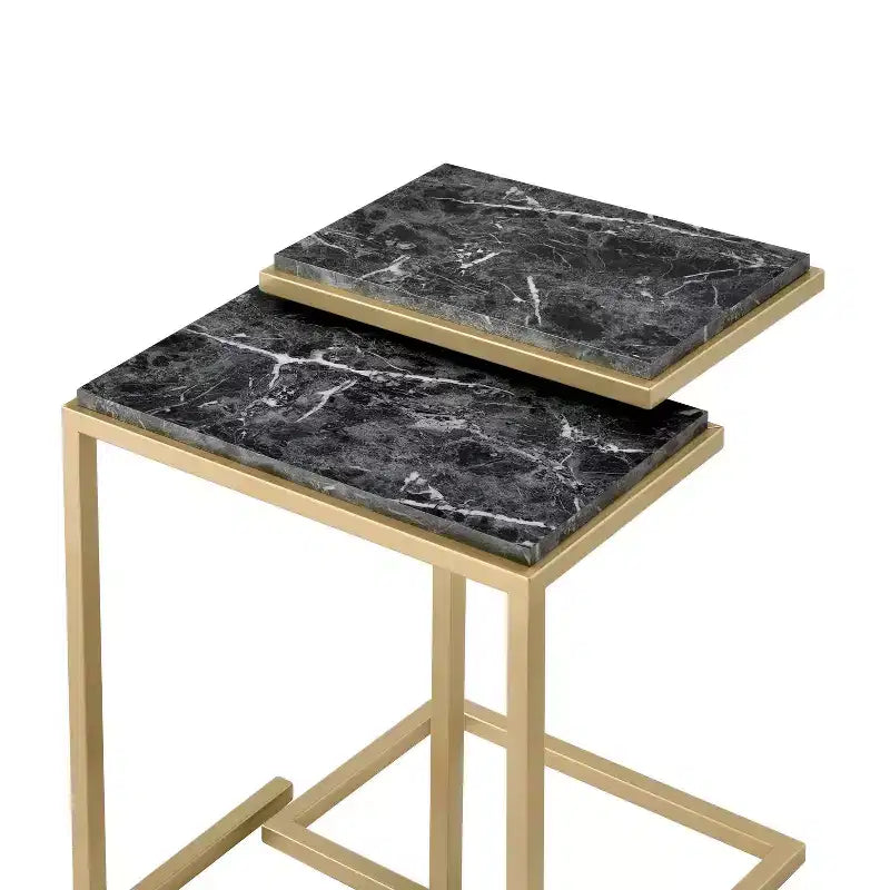 24/7 Shop At Home Kircubbin Nesting Table with Faux Marble Top Gold/Black: Rectangle, Glossy Finish, Metal Frame