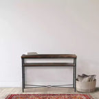 Storied Home Saratoga Console Table Gray: Industrial Iron Legs, Solid Acacia, Space-Saving Design
