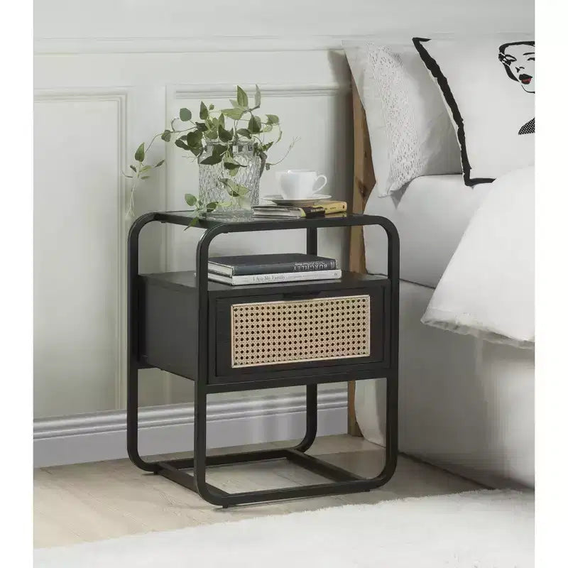 19" Colson Accent Table Black Finish - Acme Furniture: 24" High, Glass Top, Metal Frame, Storage Drawer