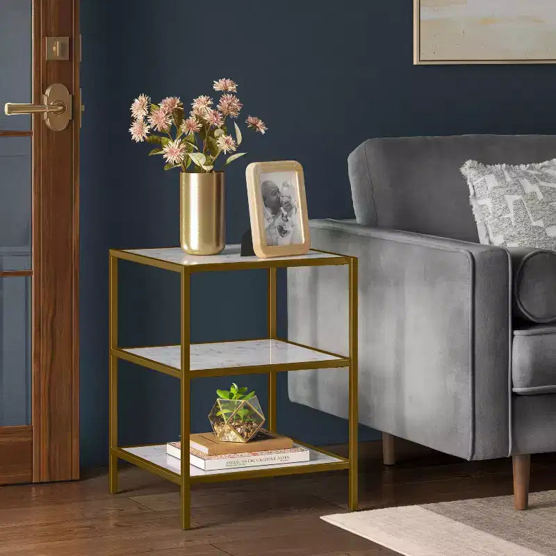 Faux Marble and Metal Side Table Gold - Threshold™: Brushed Gold Frame, 3-Tier Square Display