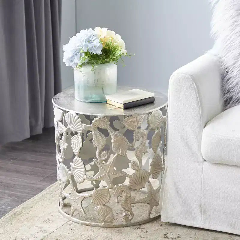 Coastal Aluminum Accent Table Silver - Olivia & May: Seahorse Base, Indoor Use, No Assembly Required