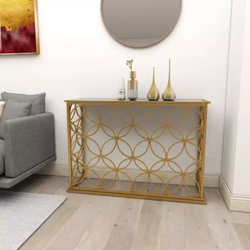 Olivia & May Rectangular Traditional Modern Metal Console Table Gold: Elegant Foyer, Entrance, Narrow Design
