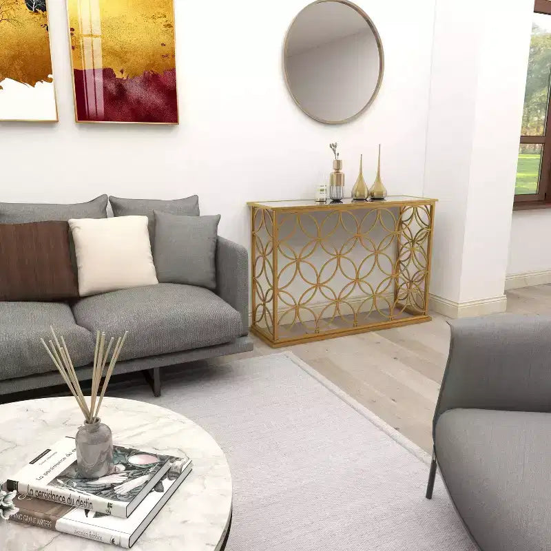 Olivia & May Rectangular Traditional Modern Metal Console Table Gold: Elegant Foyer, Entrance, Narrow Design