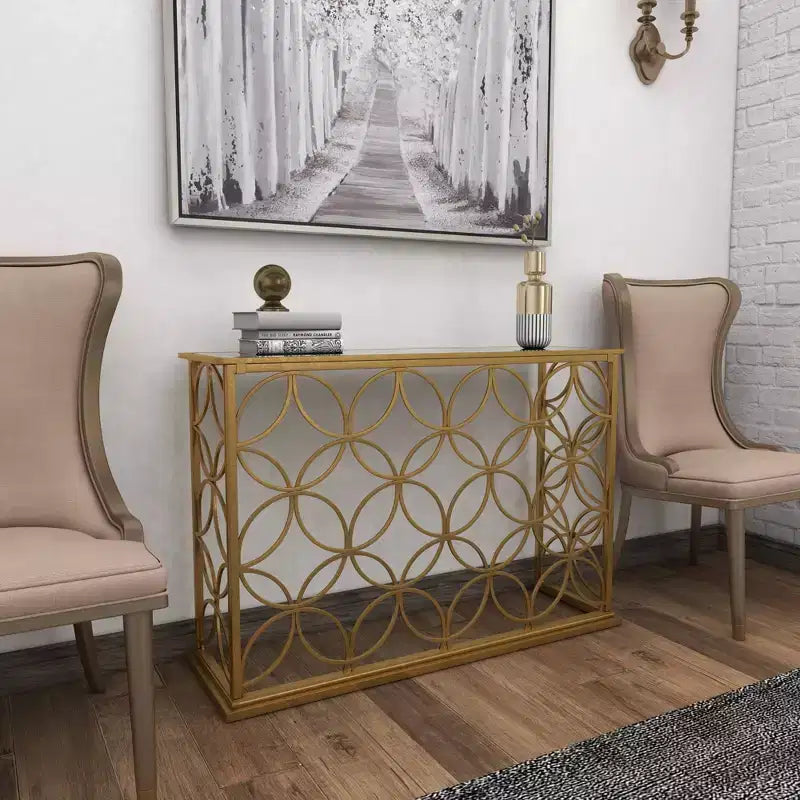 Olivia & May Rectangular Traditional Modern Metal Console Table Gold: Elegant Foyer, Entrance, Narrow Design