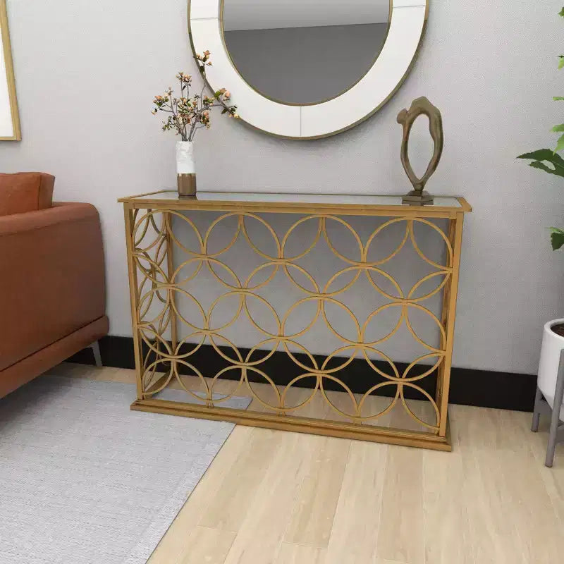 Olivia & May Rectangular Traditional Modern Metal Console Table Gold: Elegant Foyer, Entrance, Narrow Design