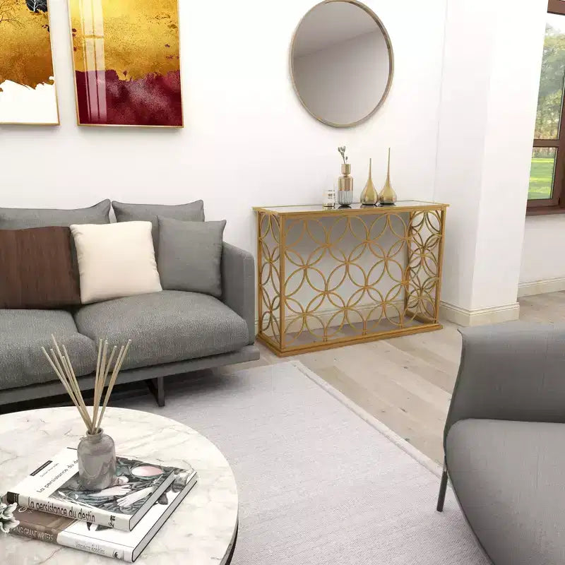 Olivia & May Rectangular Traditional Modern Metal Console Table Gold: Elegant Foyer, Entrance, Narrow Design