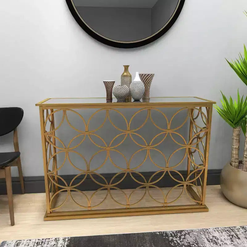 Olivia & May Rectangular Traditional Modern Metal Console Table Gold: Elegant Foyer, Entrance, Narrow Design