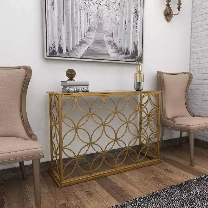 Olivia & May Rectangular Traditional Modern Metal Console Table Gold: Elegant Foyer, Entrance, Narrow Design