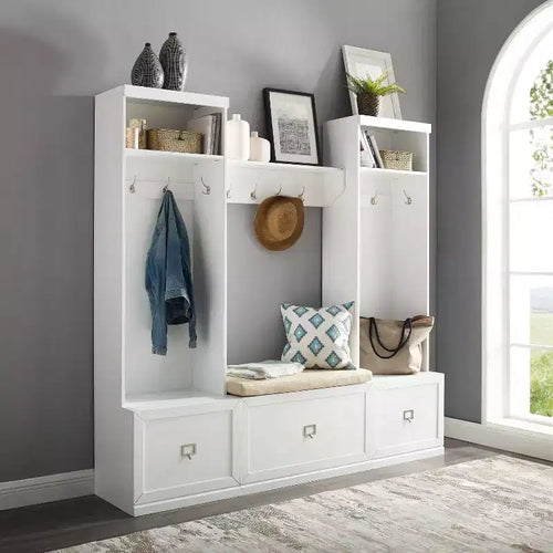 4pc Harper Entryway Set with Bench, Shelf and 2 Hall Trees Set White - Crosley