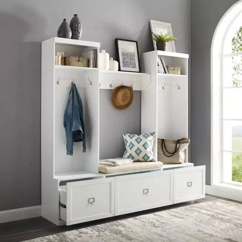 4pc Harper Entryway Set with Bench, Shelf and 2 Hall Trees Set White - Crosley