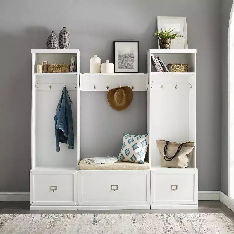 4pc Harper Entryway Set with Bench, Shelf and 2 Hall Trees Set White - Crosley