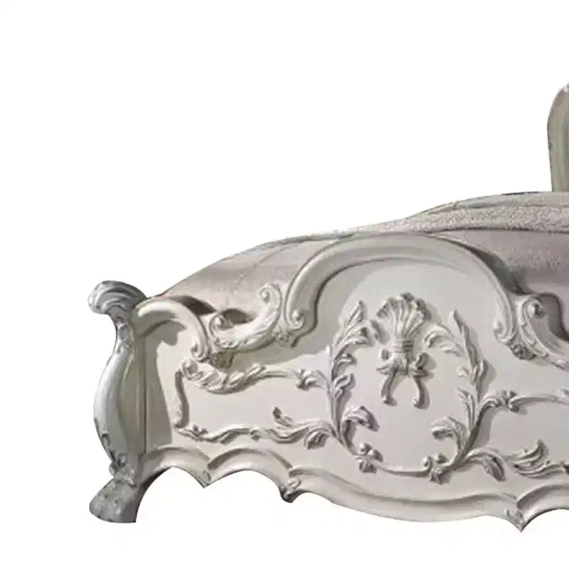 Acme Furniture 97" California King Bed Dresden Bed Synthetic Leather and Bone White Finish : Rococo Style Ample Size, Camelback Design
