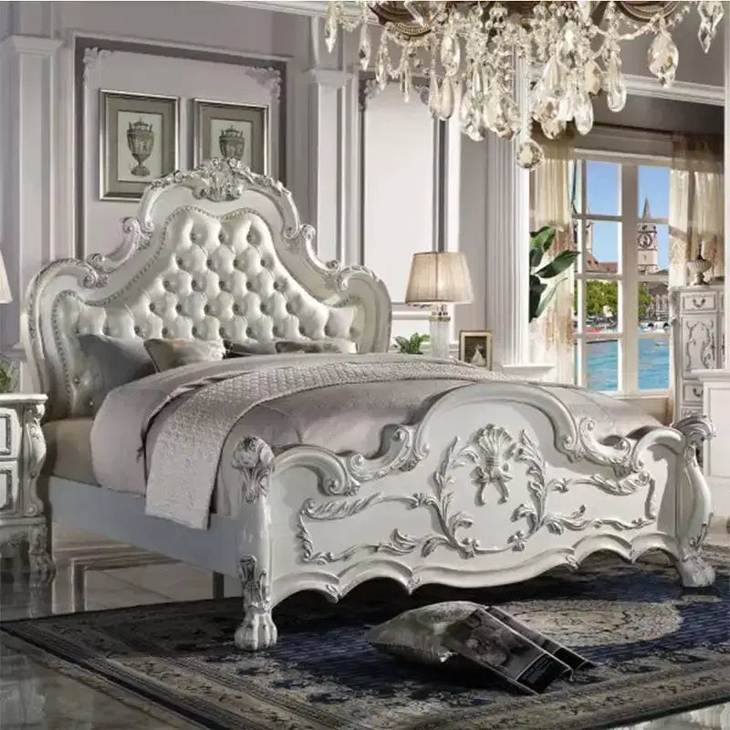 Acme Furniture 97" California King Bed Dresden Bed Synthetic Leather and Bone White Finish : Rococo Style Ample Size, Camelback Design