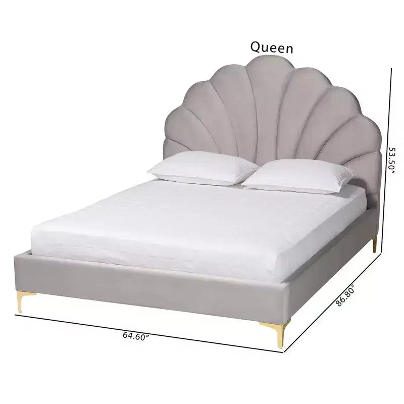 Baxton Studio Queen Size Acosta Velvet Seashell Headboard Platform Bed Light Gray/Gold
