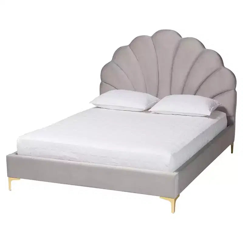 Baxton Studio Queen Size Acosta Velvet Seashell Headboard Platform Bed Light Gray/Gold