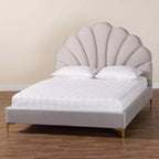 Baxton Studio Queen Size Acosta Velvet Seashell Headboard Platform Bed Light Gray/Gold