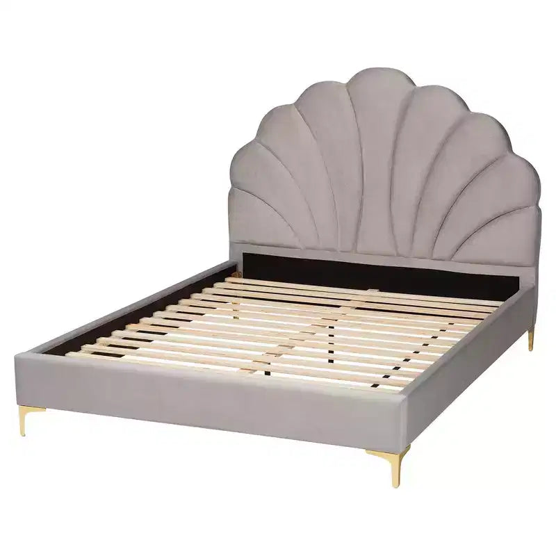 Baxton Studio Queen Size Acosta Velvet Seashell Headboard Platform Bed Light Gray/Gold